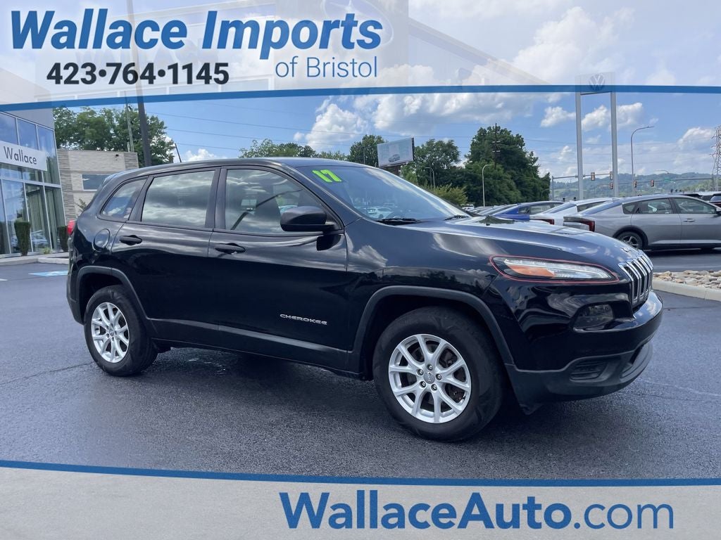 2017 Jeep Cherokee Sport in Diamond Black Crystal Pearlcoat — front three-quarter view