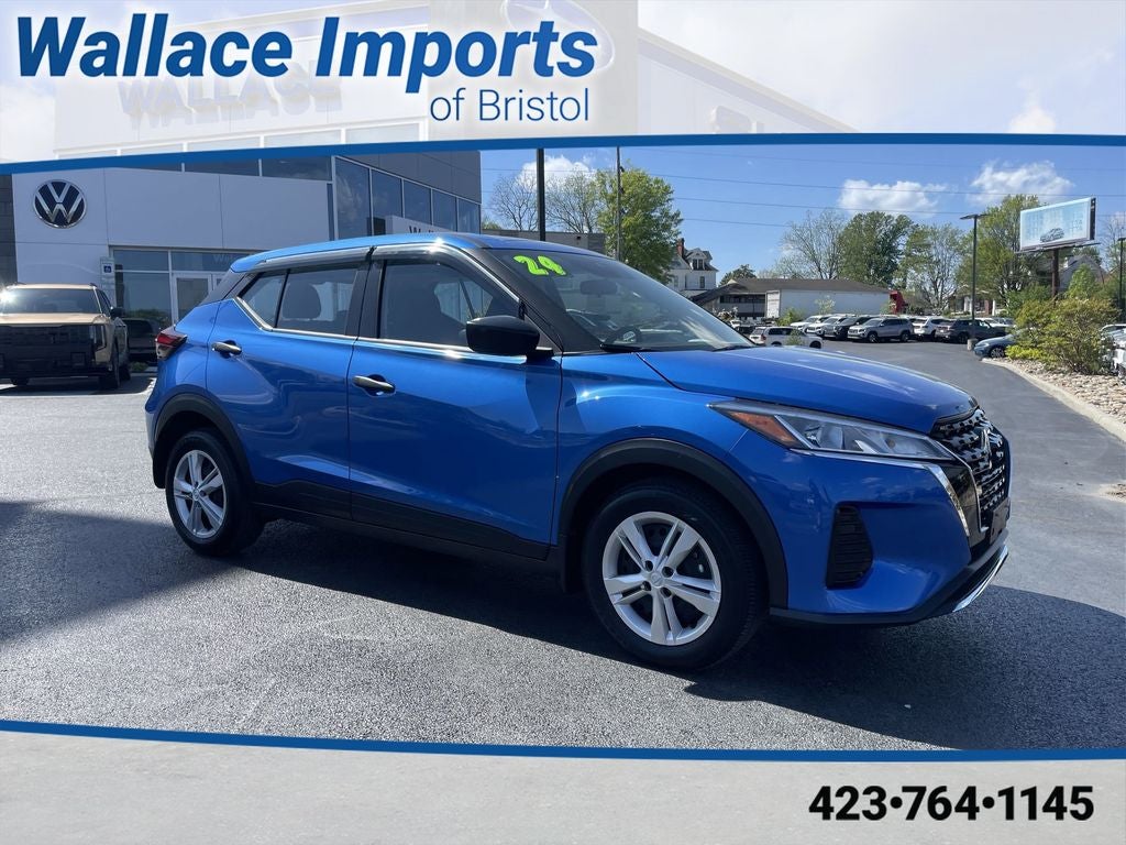 2024 Nissan Kicks S in Electric Blue Metallic — front three-quarter view
